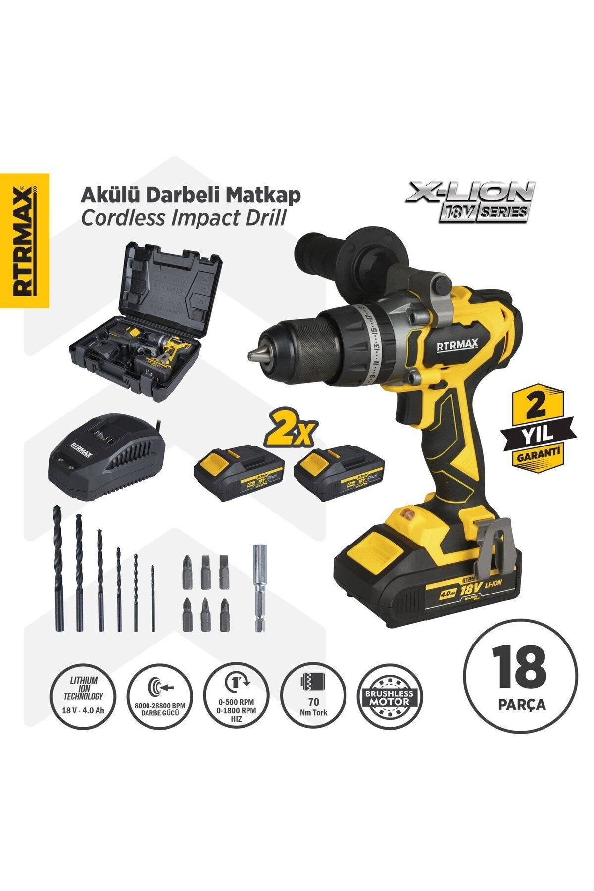 Rtx3010 Şarjlı Darbeli Matkap Kömürsüz 70 Nm 2x4 Ah Plus Çift Akü X-lion - Akü Dahil