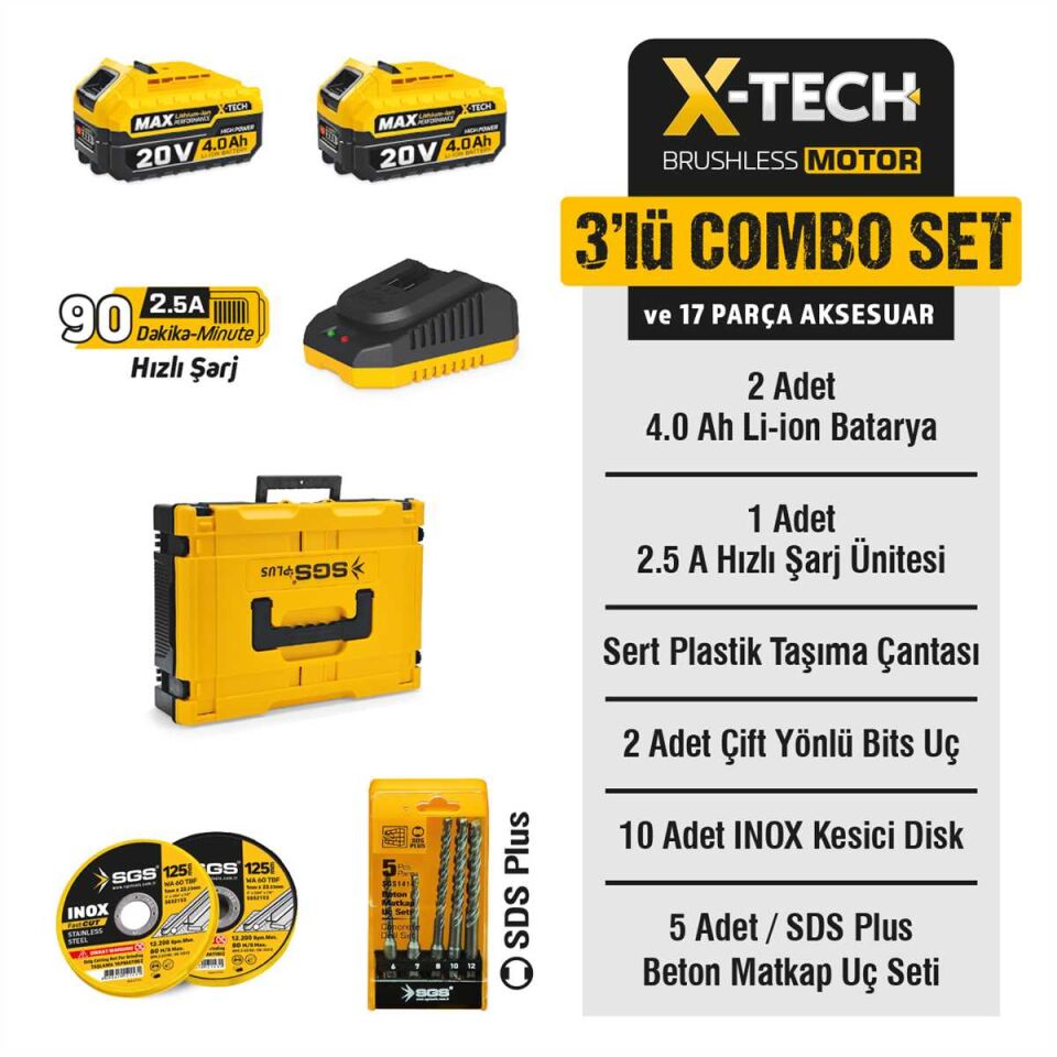 Sgs SGS5450 Akülü Vidalama Matkap - Kırıcı Delici - Avuç Taşlama Combo Set 3 Parça