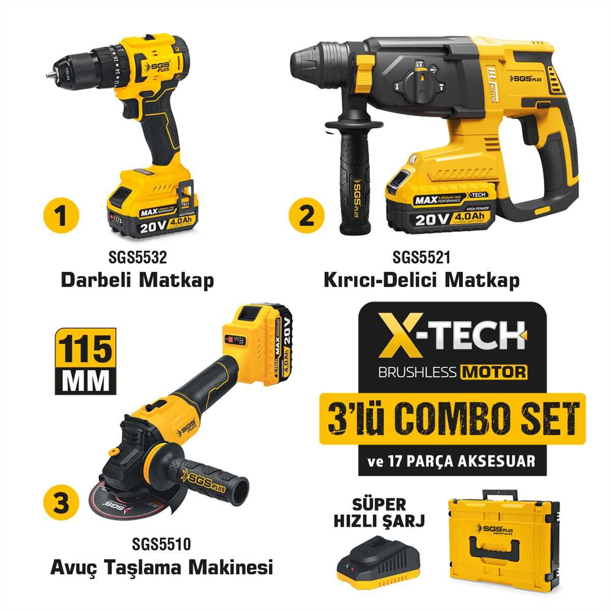 Sgs SGS5450 Akülü Vidalama Matkap - Kırıcı Delici - Avuç Taşlama Combo Set 3 Parça