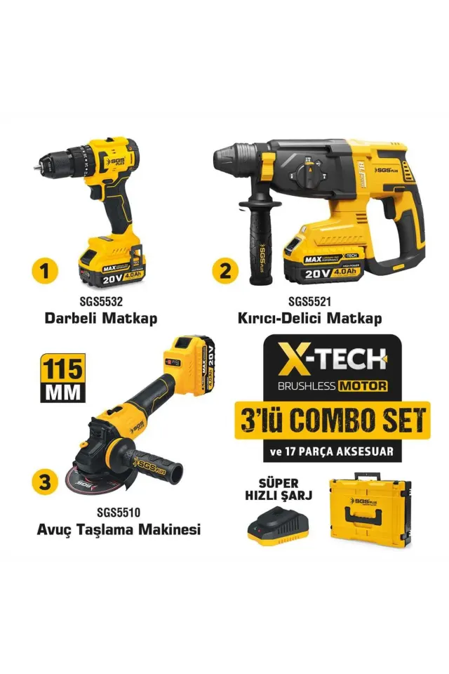 SGS5450 Akülü Vidalama Matkap - Kırıcı Delici - Avuç Taşlama Combo Set 3 Parça