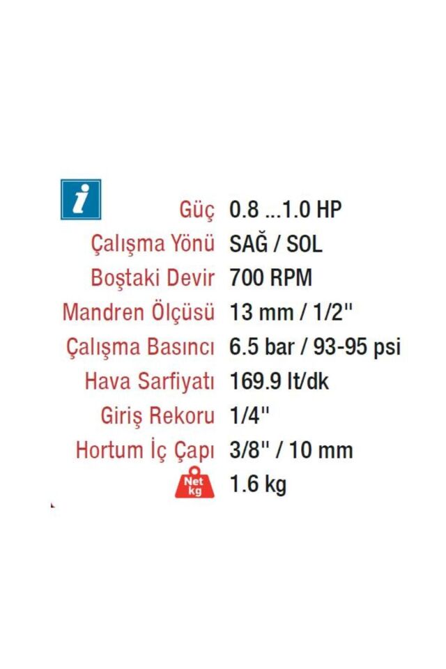 Rt-3808-p 10mm. 1800 rpm havalı düz matkap