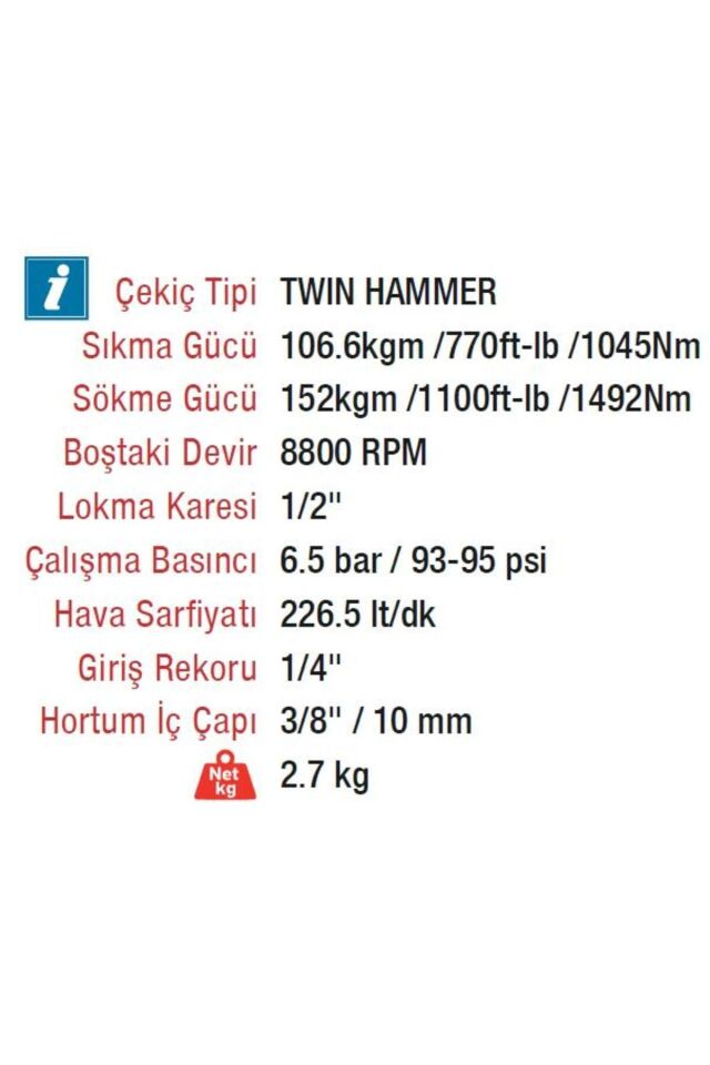 1/2'' 152kg. 8800 Rpm Kabzalı Havalı Somun Sökme