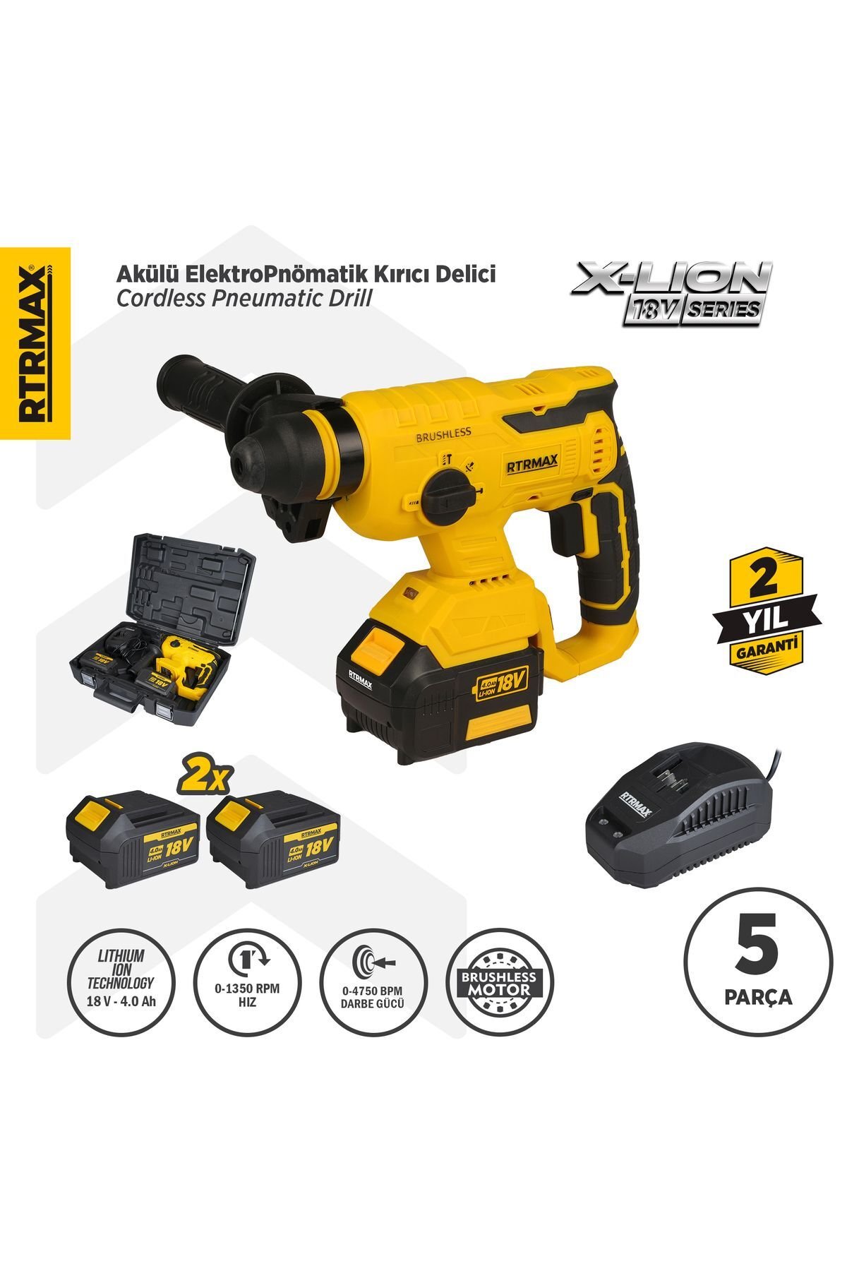 Rtx2095 Şarjlı Sds Plus Kırıcı Ve Delici Kömürsüz 2.2jul 22mm 2x4 Ah Çift Akü X-lion - Akü Dahil